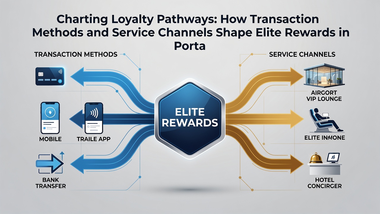 Illustration of service channel icons connecting to VIP reward tiers on a portable device interface