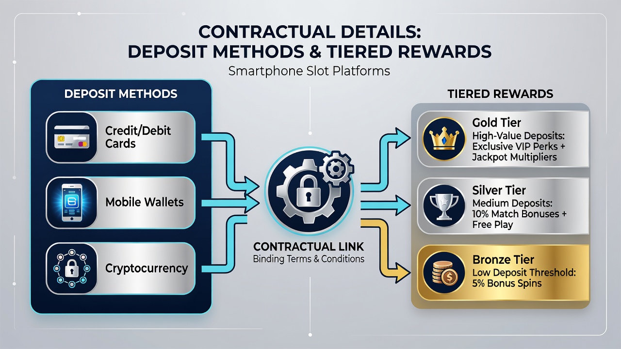Infographic showing deposit methods connected to tiered reward ladders in mobile slot applications