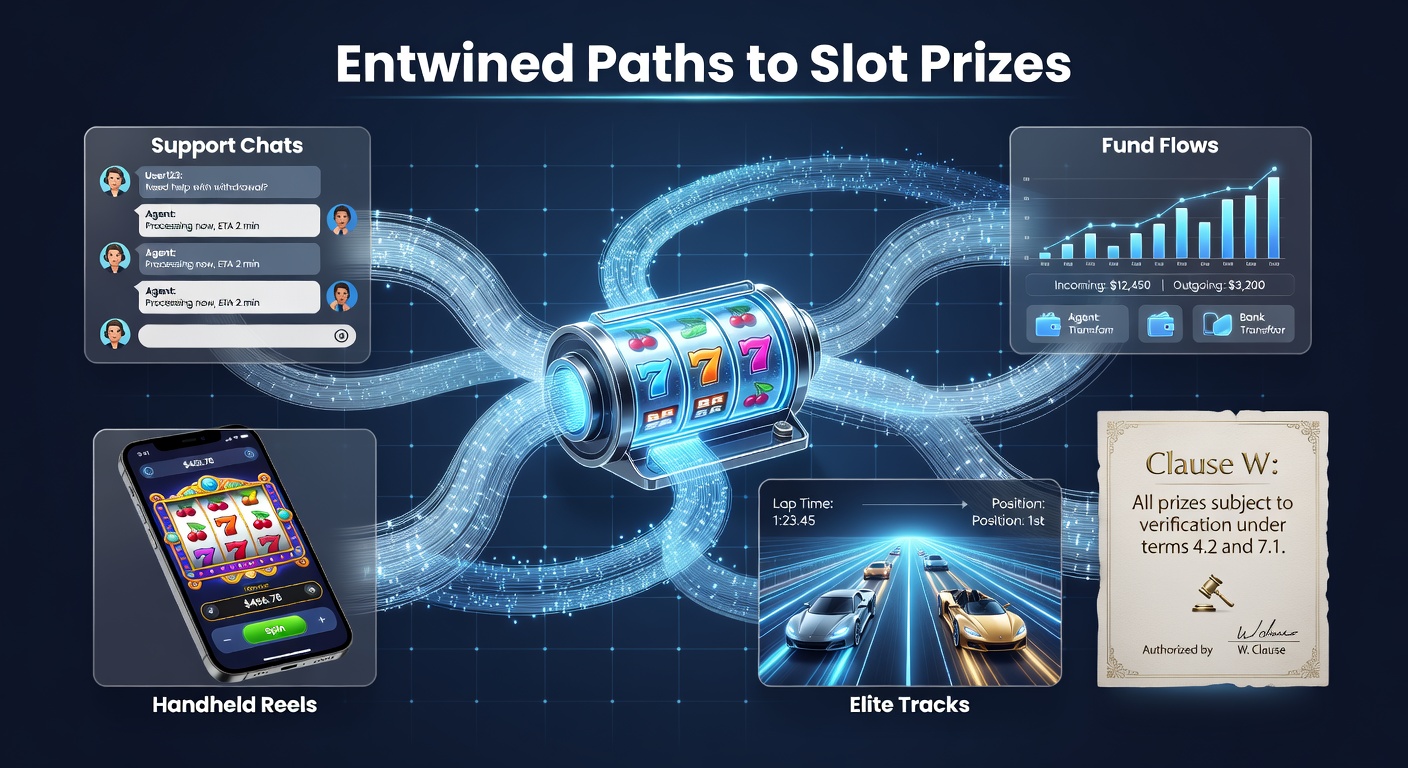 Vibrant visualization of slot paths intertwining: chat icons merging with cash streams, phone reels spinning atop VIP ladders, all bound by fine-print threads toward trophy jackpots