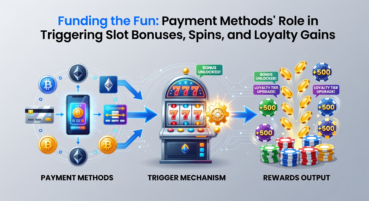 Digital wallet icons including Bitcoin and Ethereum connecting to slot reels with loyalty badges and bonus multipliers glowing