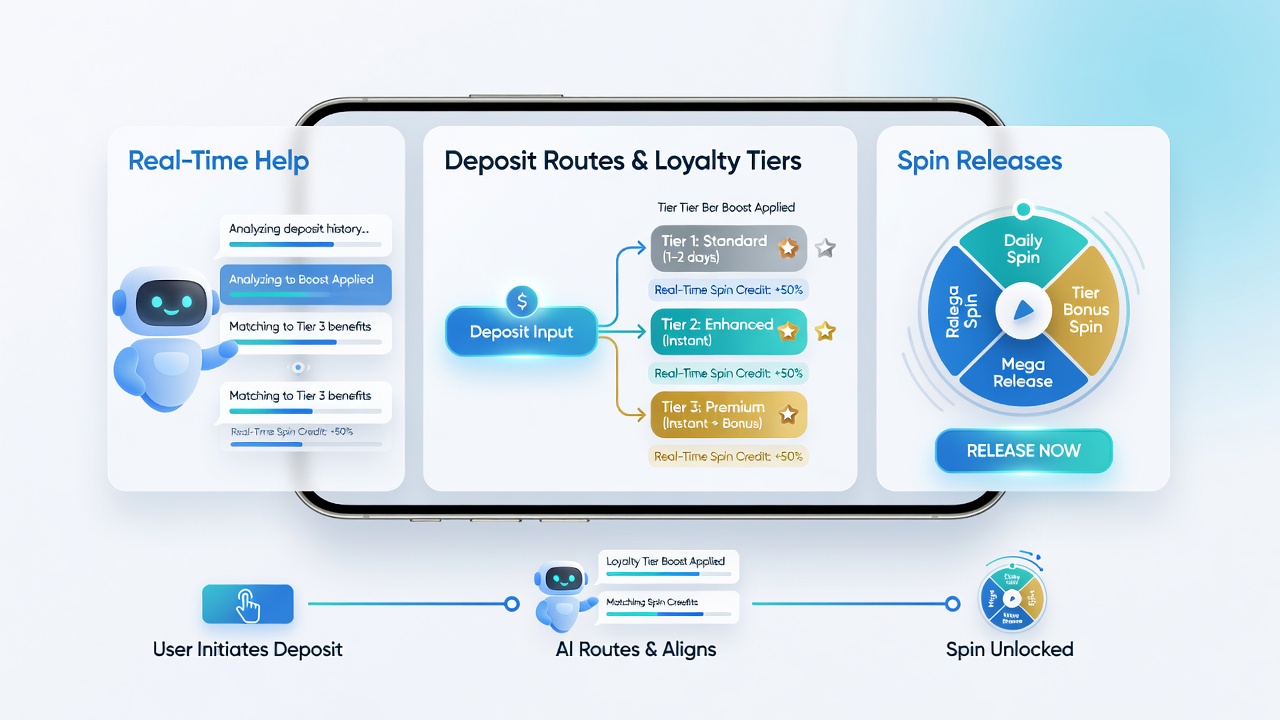 Support agent dashboard displaying aligned deposit confirmation, loyalty tier progress, and spin release controls on a mobile platform